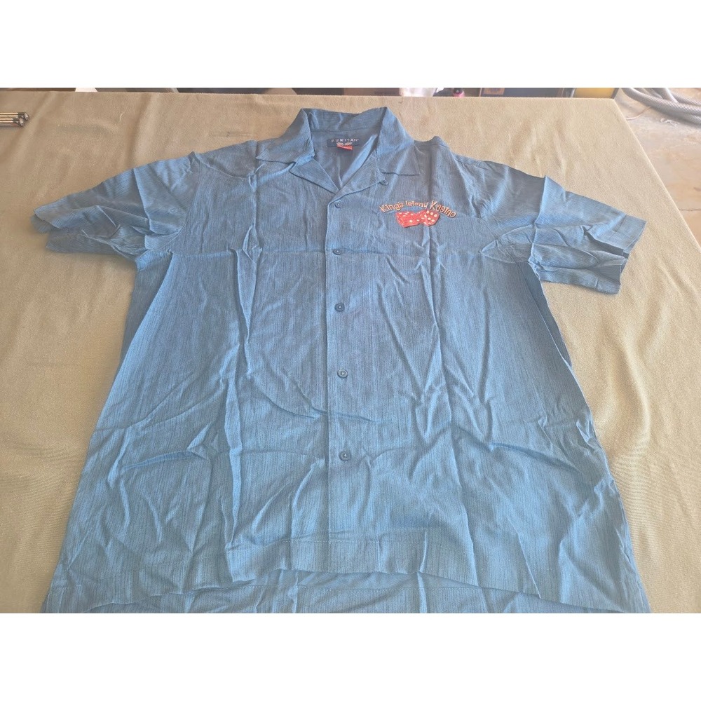Puritan Kings Island Kasino Blue Rayon Camp Shirt Mens Medium Casino Dice Cards